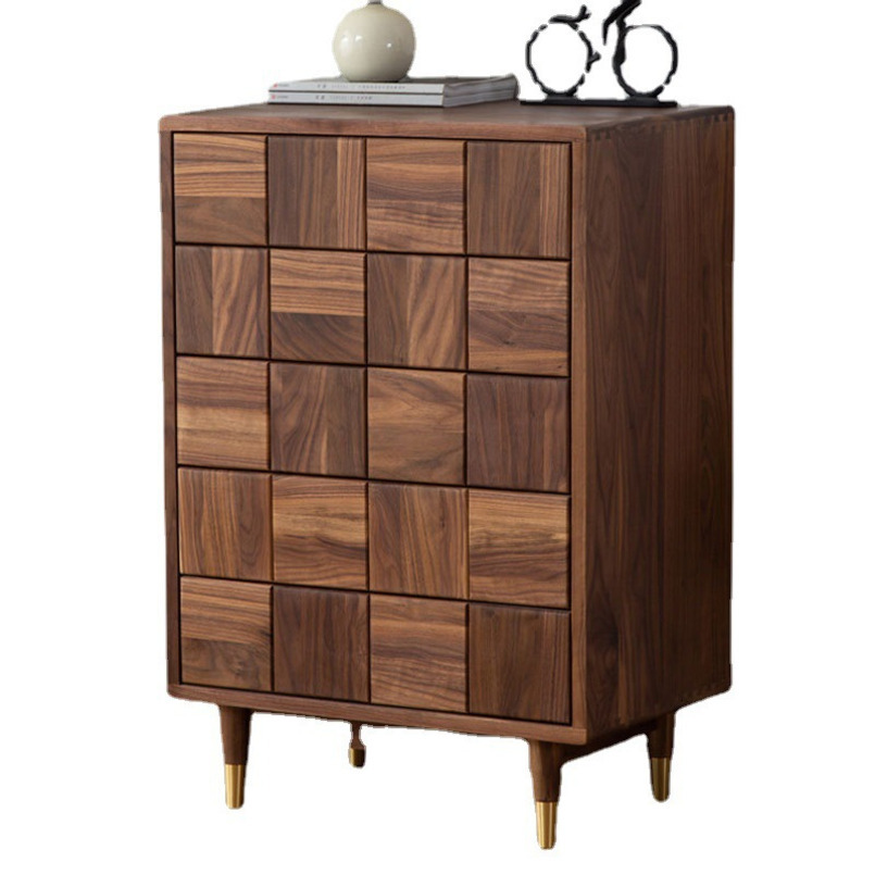 Nordic Light Luxury Solid Black Walnut Chest of Drawers, Five Drawer Storage Cabinet, Handcrafted Wood Dresser for Bedroom & Living Room