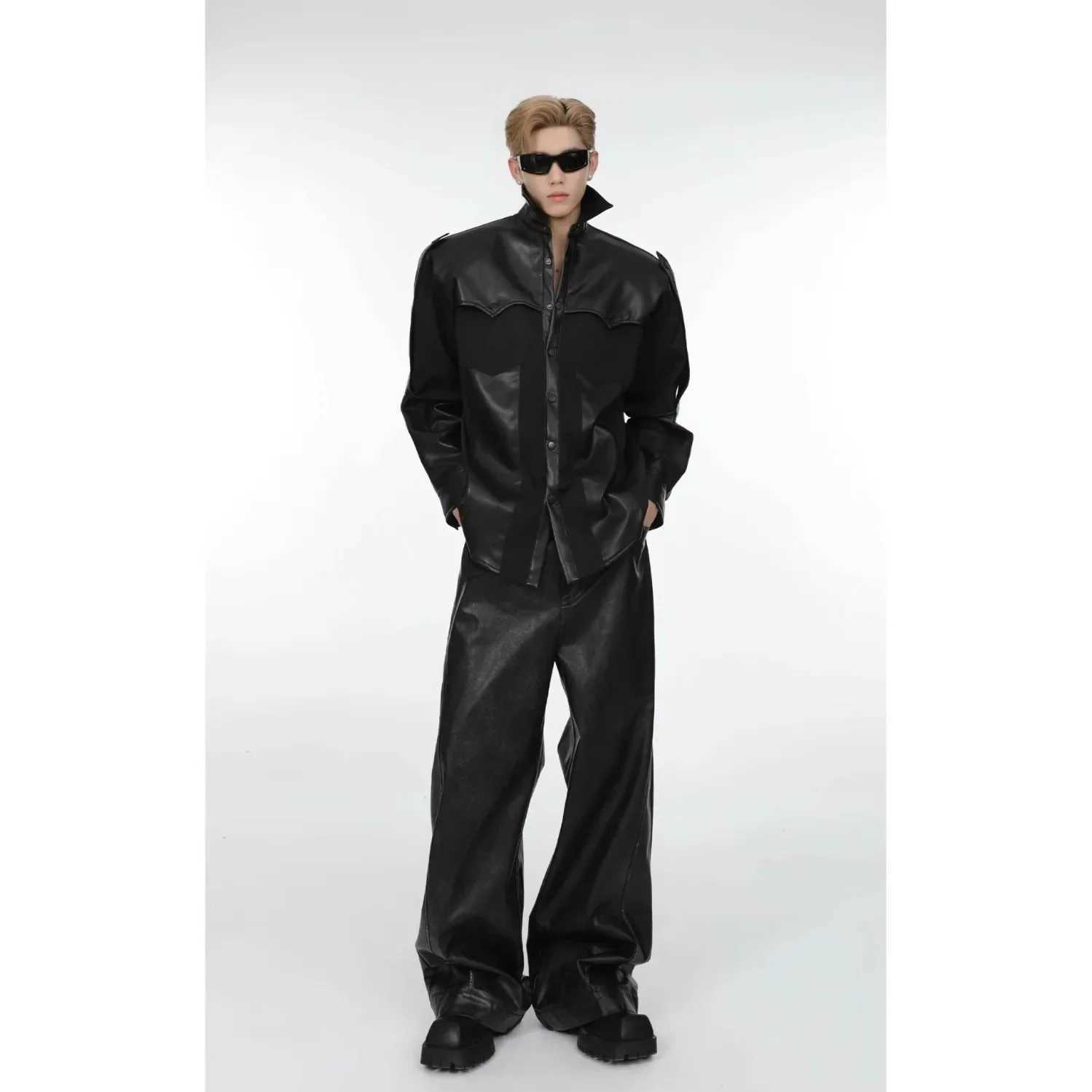 Black Leopard Print Waist Head Color Block Long Pants Straight Leg PU Womens Autumn Winter American Retro Slimming Wide Leg Tro J251203