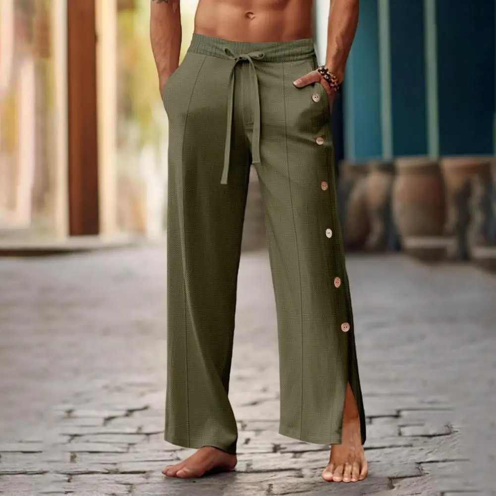 Men Casual Pants Loose Side Pockets Drawstring Elastic Waist Side Button Closure Quickdrying Beach Sweatpants Long Trousers J251203