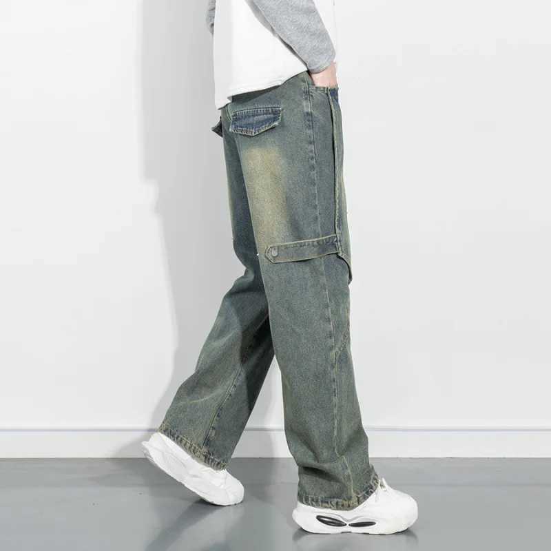High street retro vintage jeans mens loose straight leg wide leg street fashion Japanese trendy pants J2510161