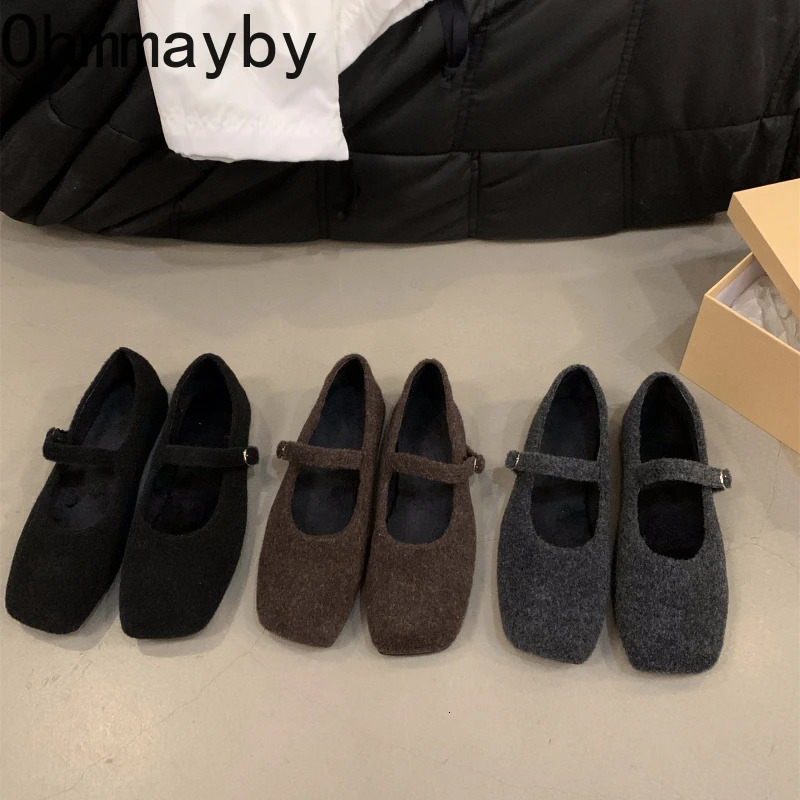 Autumn Woolen Fur Women Cotton Flats Shoes Concise Outdoor Soft Sole Shoes Ladies Comfort Square Toe Warm Mary Jane Shoes 251013