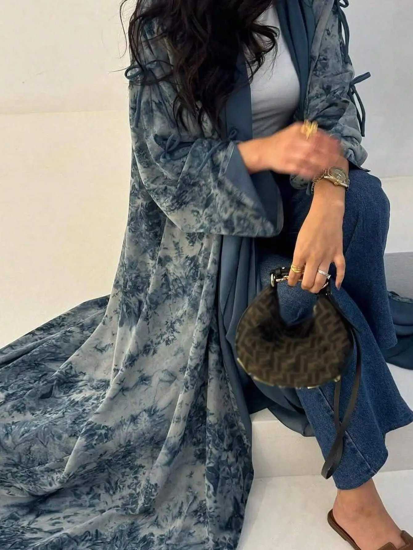 Middle Eastern Women Loose Tie Dye Abayas Casual Kaftan Arabian Maxi Dresses Full Sleeve Open Front Abaya Jilbabs Without Hajib X251016