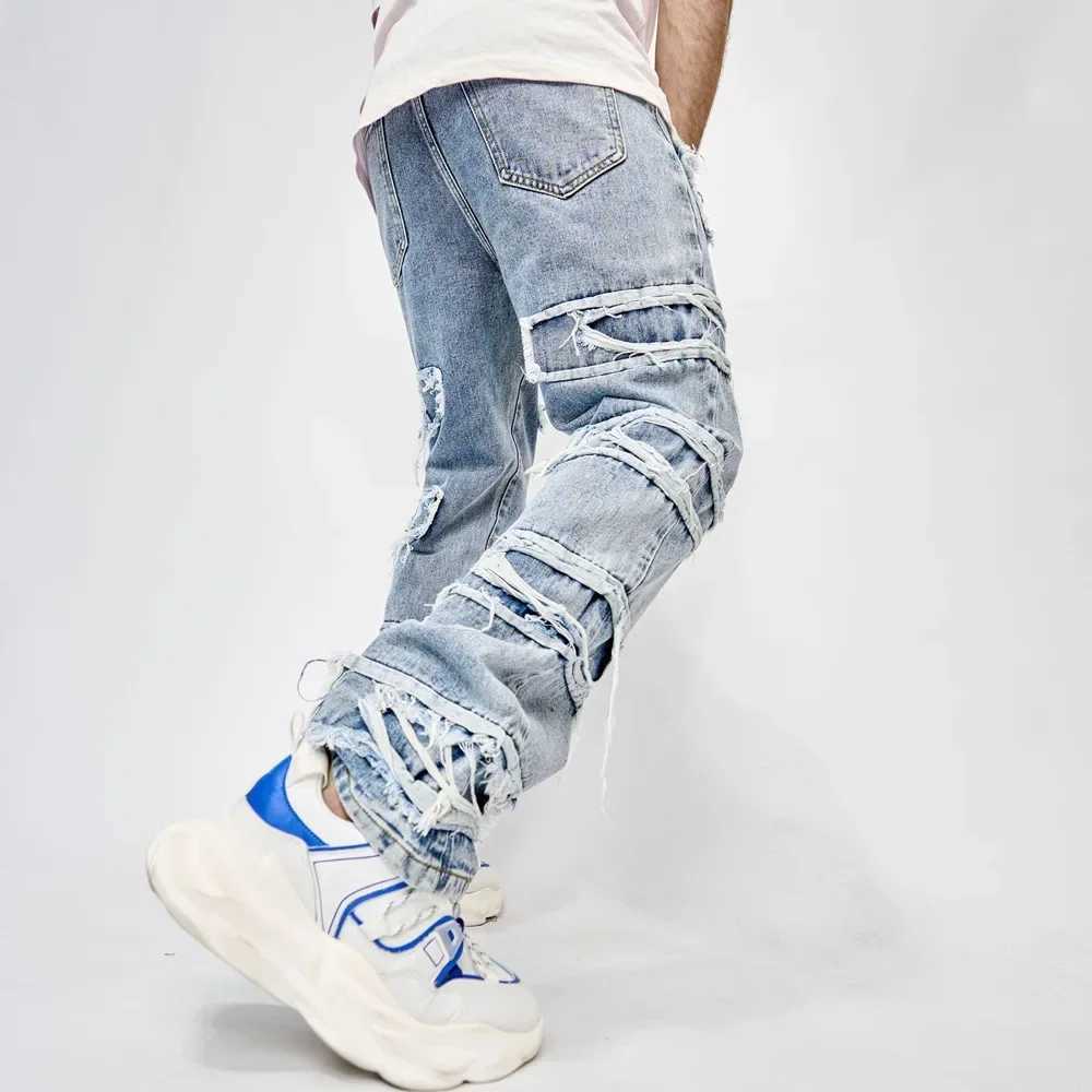 Distressed Spliced Wide Leg Jeans Men Denim Ankle Length Pants High Waist Pockets Loose Fit Vintage Washed 2025 Punk Style pants J251016