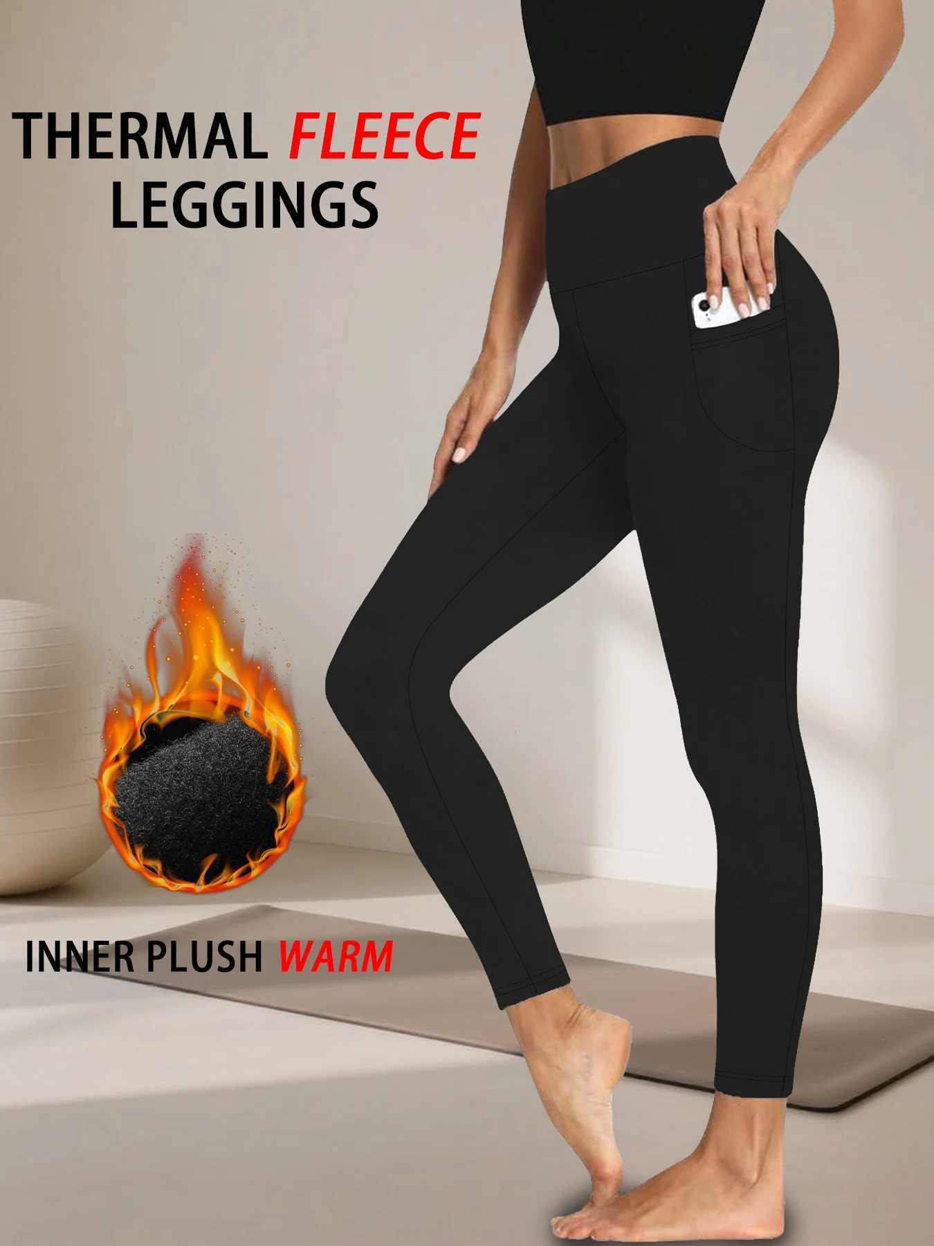 Womens Thermal Fleece Lined Leggings with pockets High Waisted Tummy Control Workout Winter Warm Thick Tights PantsT251016