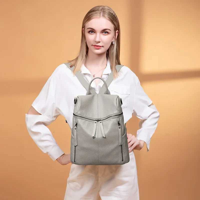 Lightweight Soft Leather Dual Shoulder Bag Ladies Casual Travel Backpack Large Capacity Waterproof Bookbag Fashionable Korean StT251016
