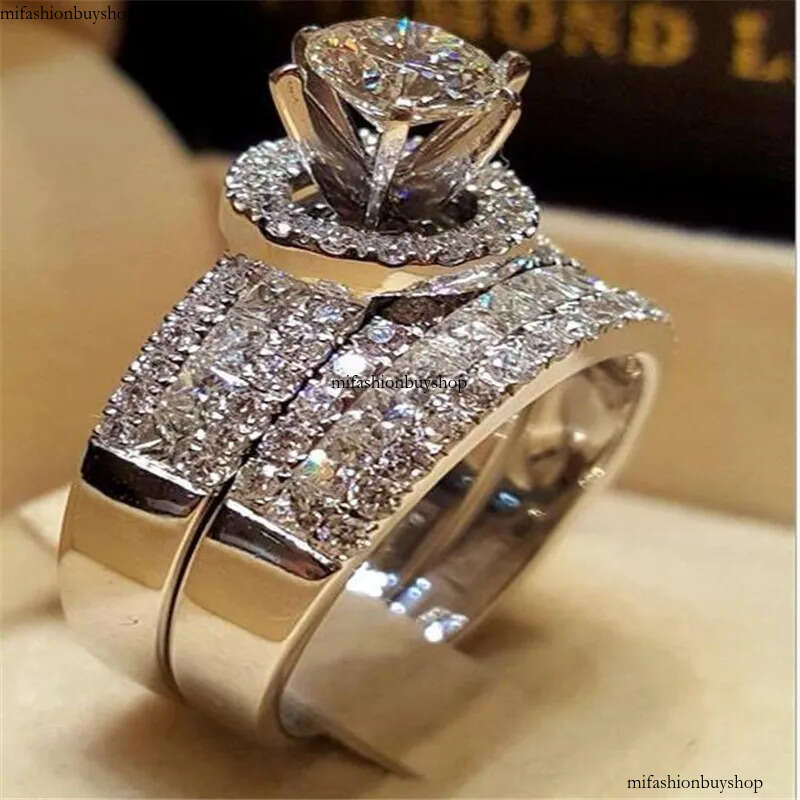 Top Selling Classical Fashion Jewelry Brand New Sterling Sier Couple Rings Round White Topaz CZ Dia Gemstones Bridal Ring Set Gift