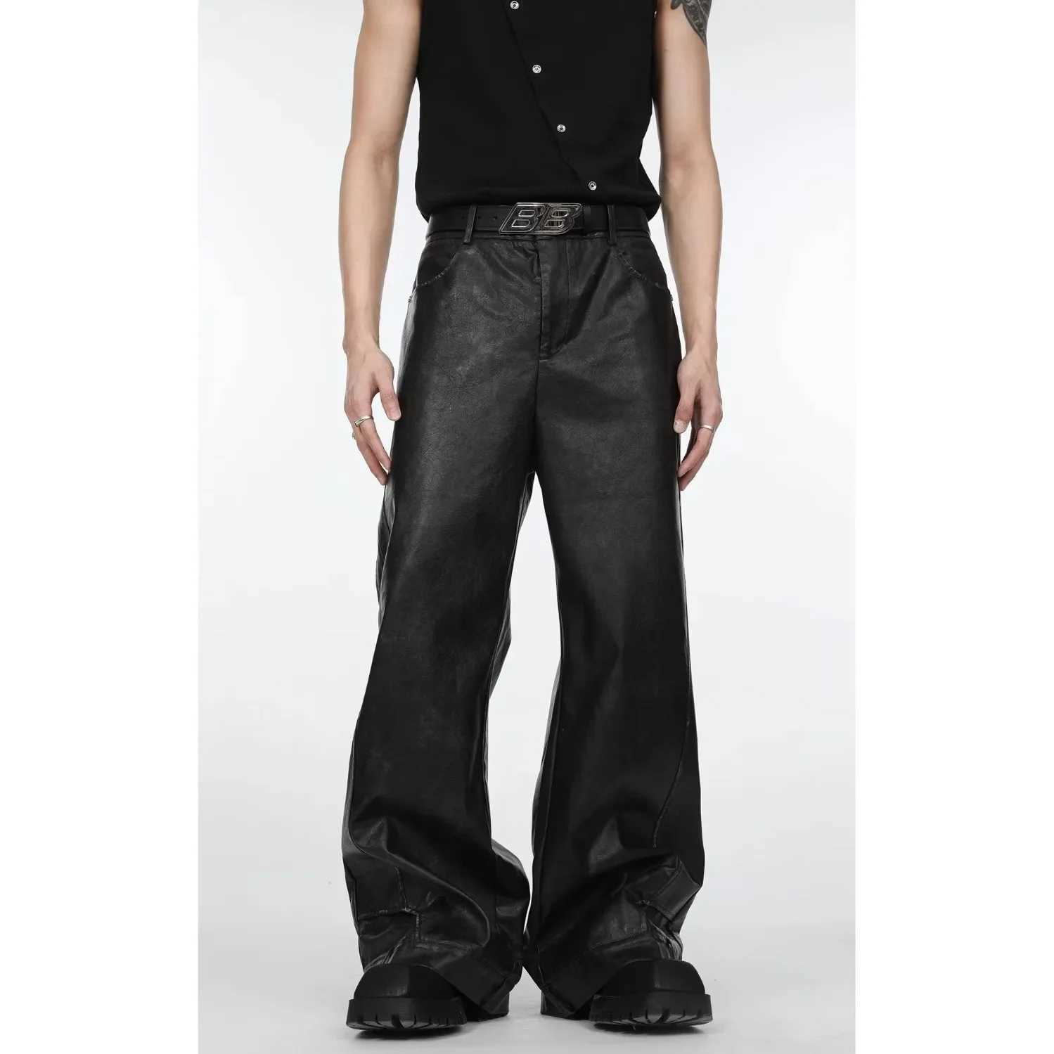 Black Leopard Print Waist Head Color Block Long Pants Straight Leg PU Womens Autumn Winter American Retro Slimming Wide Leg Tro J251203