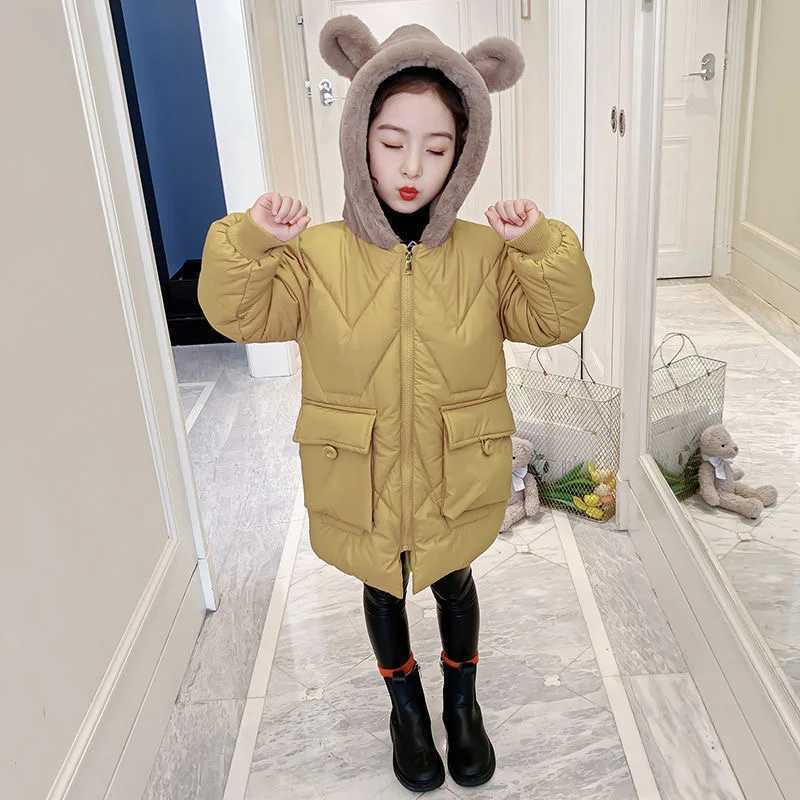 4 5 6 7 8 9 10 11 12 Years Winter Girls Jacket Plus Velvet Keep Warm Cute Bear Hooded Little Princess Coat Childrens ClothingT251016