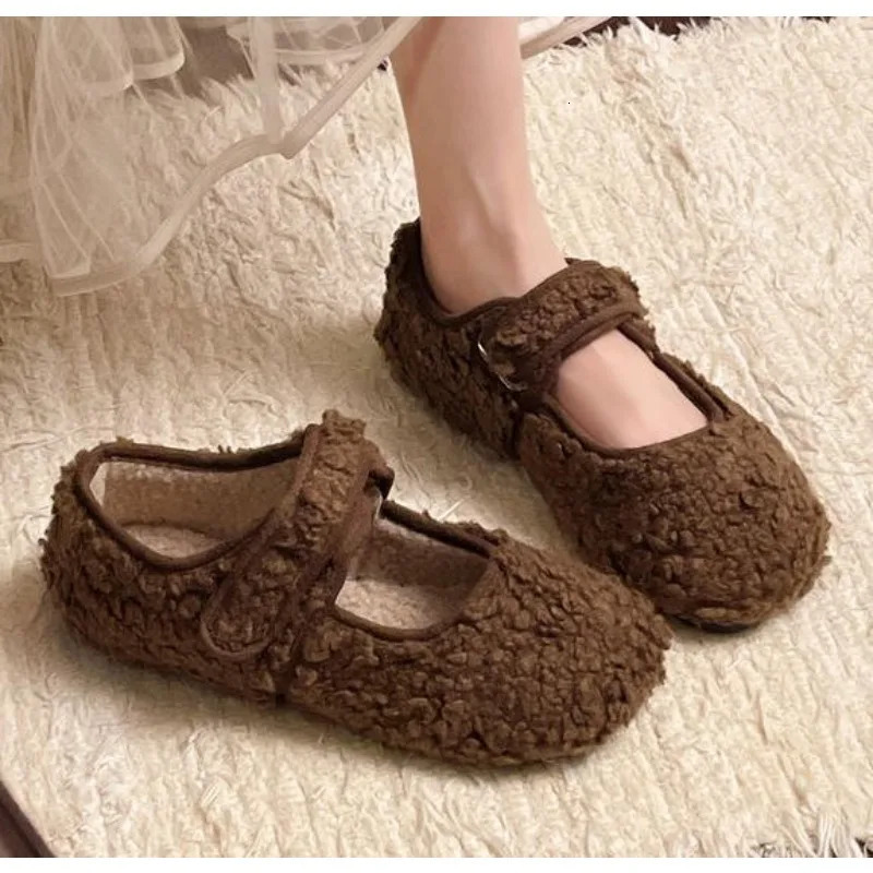 Womens Shearling Ballet Flats with Strap Warm Rabbit Fur Plush Lined Crystal Buckle Mary Jane Flat Shoes 251013
