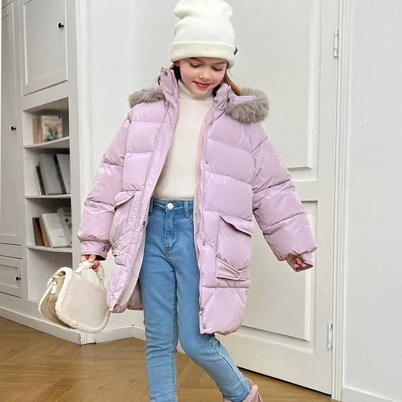 2025 Winter Girls Big Fur Collar Down Cotton Jacket Teen Kid MidLength Thick Warm Windproof Hooded Parka Coat Children SnowwearT251016