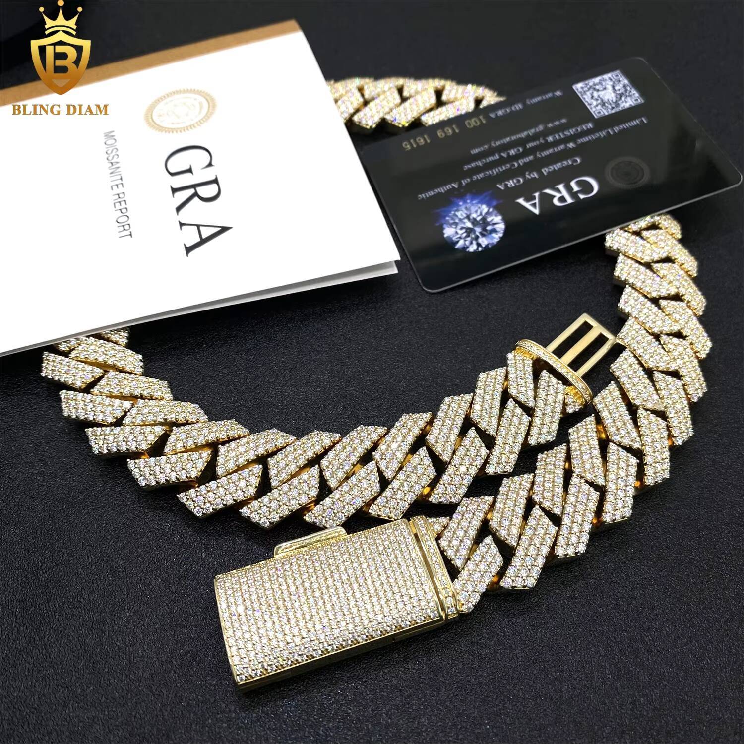 20mm Gold Plated Miami Hip Hop Jewelry Cuban Link Chain 925 Silver 3 Rows Moissanite Iced Out Pass Diamond Tester