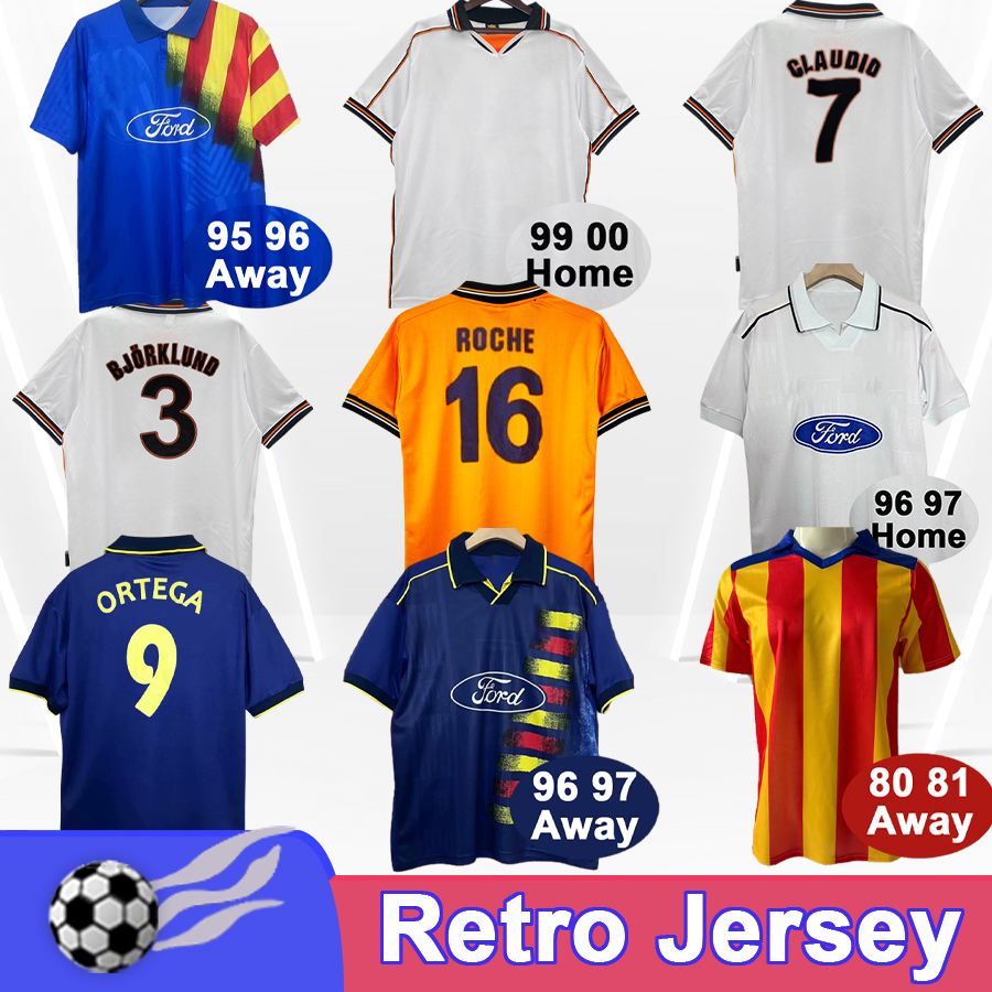 1999 2000 Valencia ROCHE Mens Retro Soccer Jerseys ORTEGA CLAUDIO MAZINHO JAVI NAVARRO MENDIETA 95 96 Home Away Football Shirt Vintage Adult Uniforms
