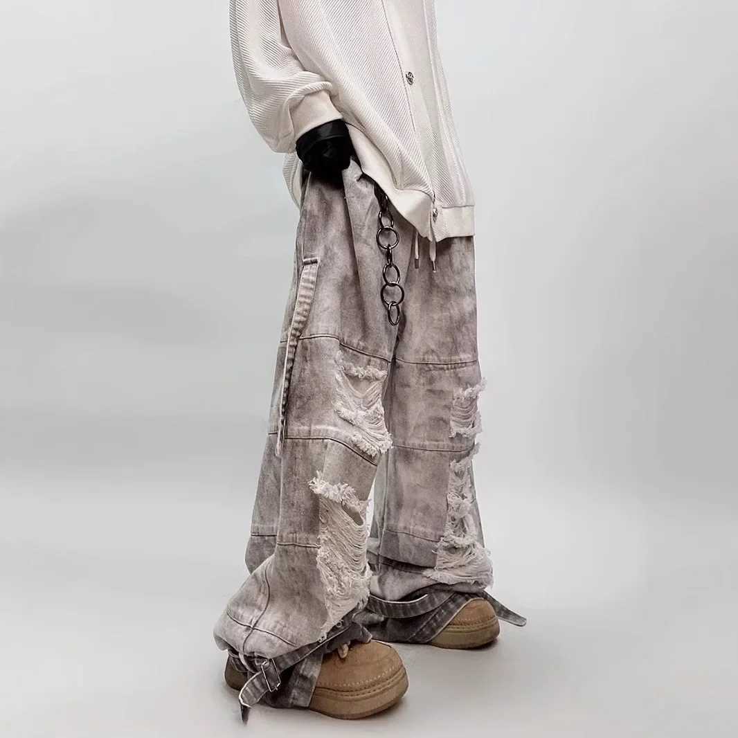 Street Style Tie Dye Ripped Denim Jeans Loose Wide Leg Workwear Trousers for Men Summer 2025 American Retro Casual Jeans J251016