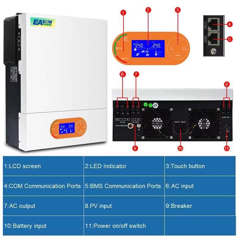 EASUN Hybrid Solar Inverter 6000W 48V 230V MPPT Pure Sine Wave 120A 48V Off Grid Solar Inverter Built-in WIFI Support Communicate with 51.2V Lifepo4 B