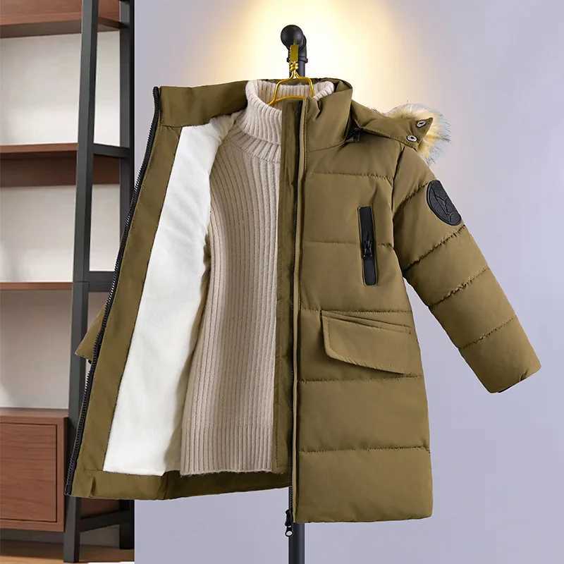 New Big Boy Winter Jacket 30 Warm Thicken Fur Collar Hooded Parka Long Solid Color Lining Plush Cotton Outwear for 510Y KidsT251016