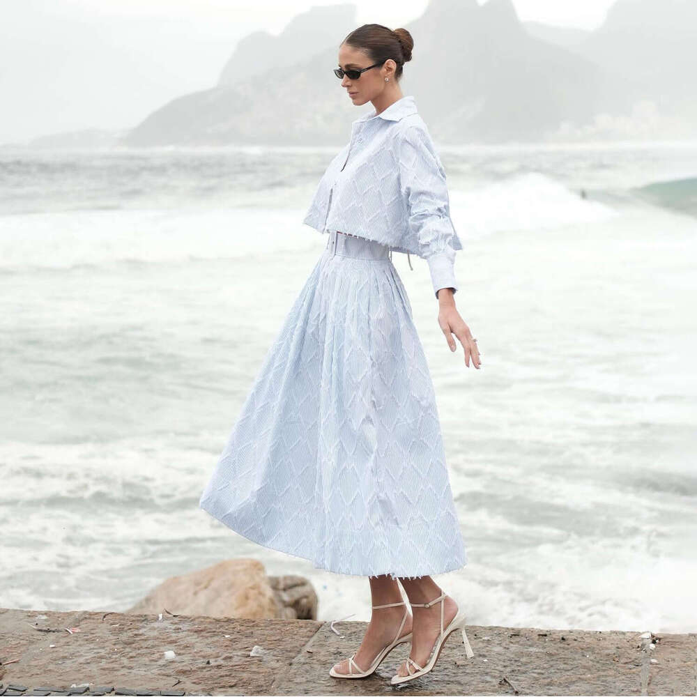 Fashionable Elegant Lapel Sleeve Short Top Adjustable Waist Long Skirt Two-Piece Set For Commuting Women B5