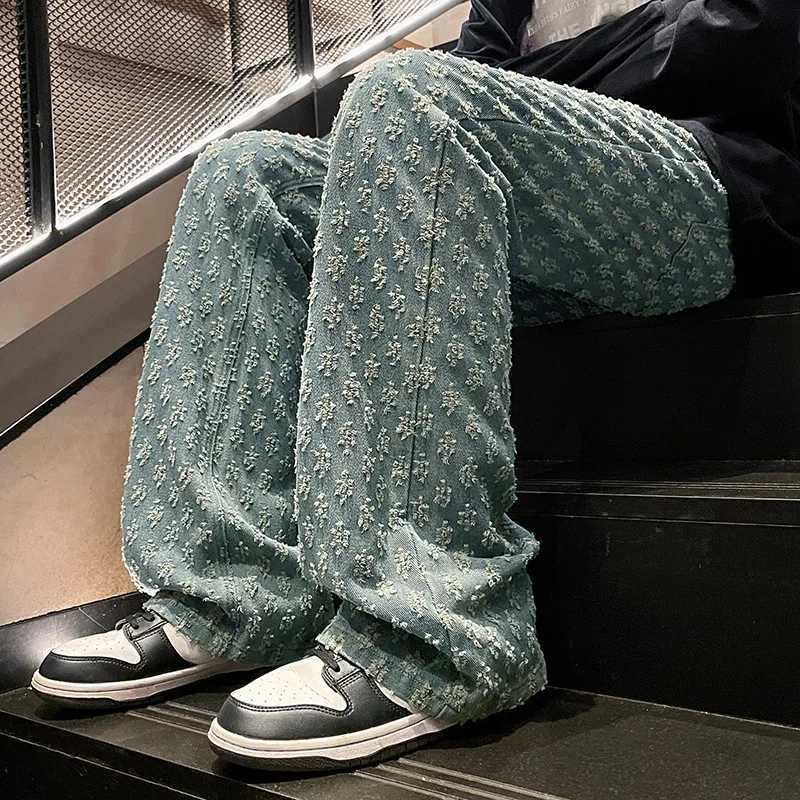 American Street Jeans Men Retro Embroidered Print Denim Trousers Fashion Brand Jacquard Design Mens Y2K Wide Legs Hip Hop Jeans J251016