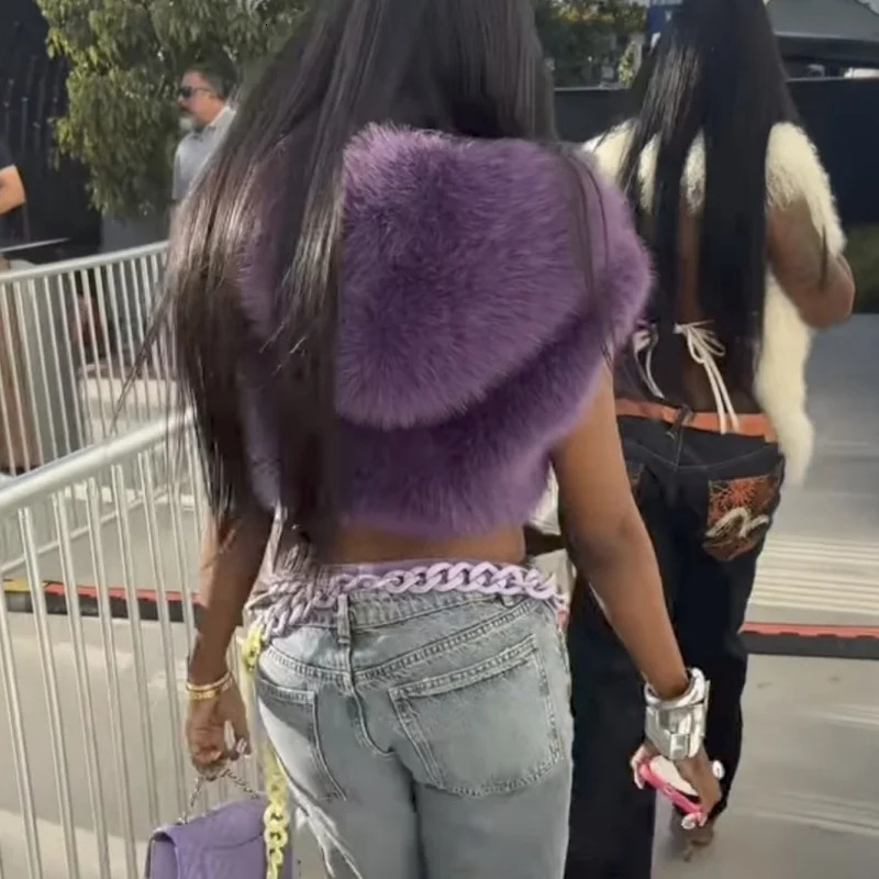 Sexy Faux Fur Hooded Cropped Vest Tops Spice Girl Autumn Winter Fashion Elegant Women Sleeveless Short Vest Jackets 251015