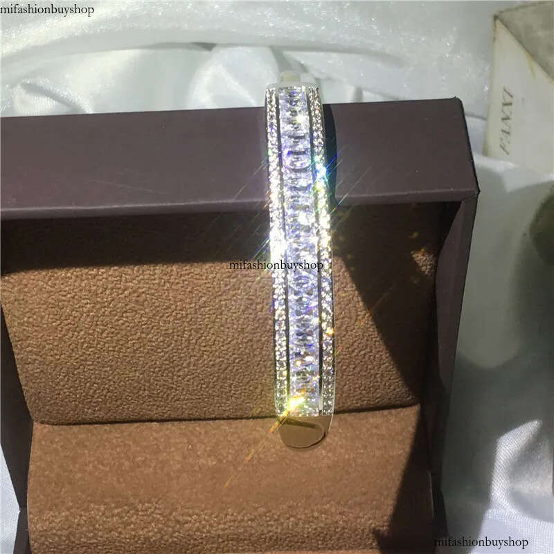 Rulalei Sparkling Hot Sale Jewelry Sterling Sier Full Princess White Topaz CZ Dia Gemstones Women Bracelet Bridal Bangle