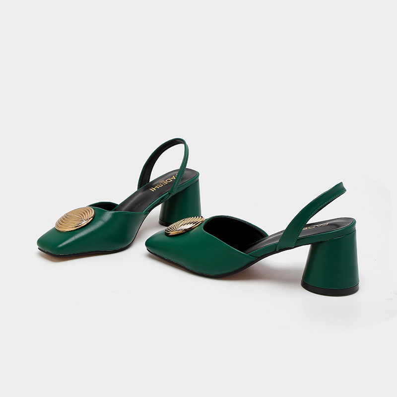 Women's Fashion Green Square Toe Block Heel Slingback Pumps - Artificial Leather Slip-On Dress Shoes-8773