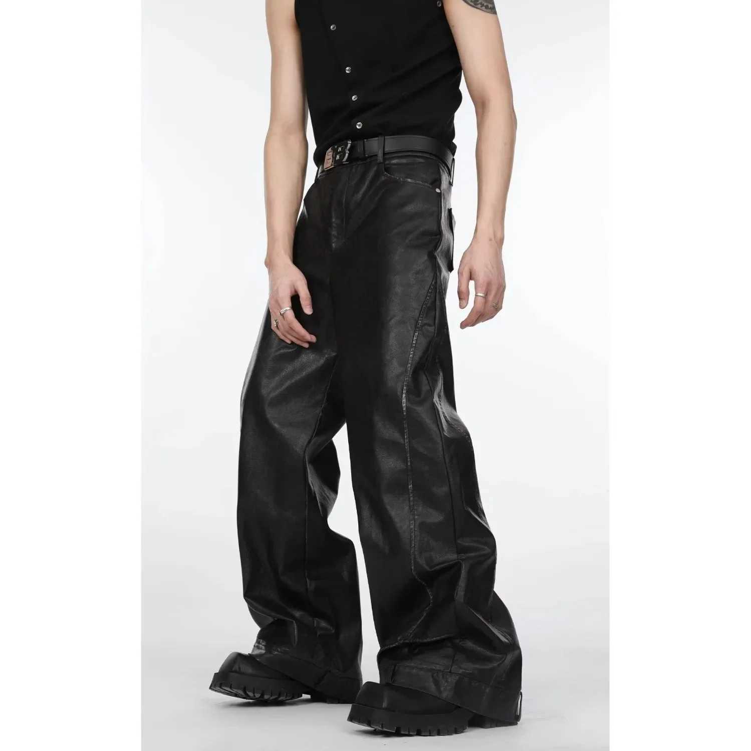 Black Leopard Print Waist Head Color Block Long Pants Straight Leg PU Womens Autumn Winter American Retro Slimming Wide Leg Tro J251203