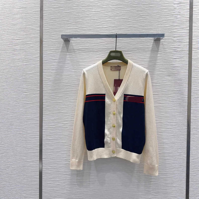 Designer Women's Knits & Tees Casual Fashion Age-Reducing Color-Block Letter Embroidery V-Neck Gold Button Soft Comfortable Wool Knitted Cardigan Sweater 6B76