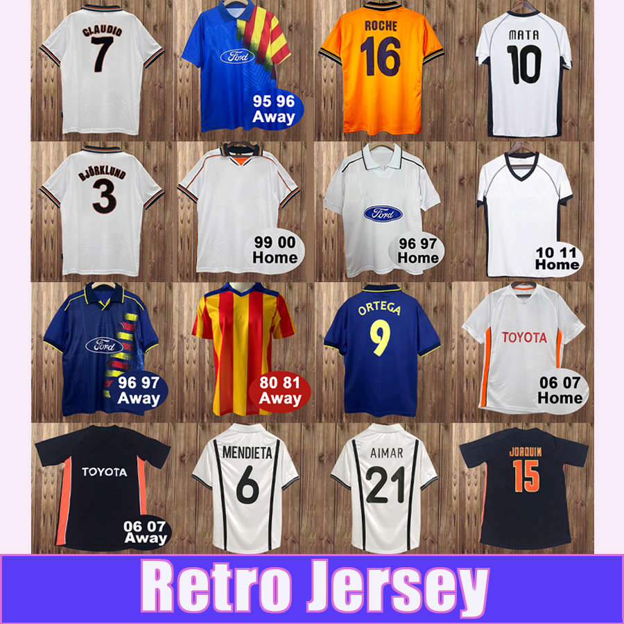 1999 2000 Valencia Mens Retro Soccer Jerseys ROCHE MENDIETA CLAUDIO MAZINHO JAVI NAVARRO ORTEGA 95 96 Home Away Football Shirt Vintage Adult Uniforms