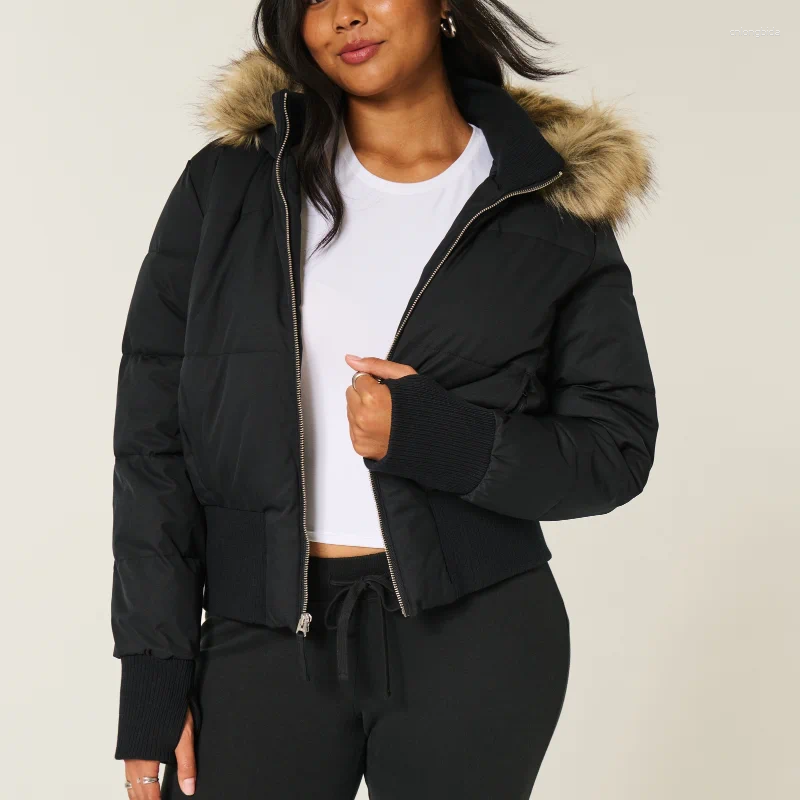 Women's Jackets Chic Fur Collar Hooded Cotton Jacket Solid Zipper Slim Waist Pocket Warm Thick Coat 2025 Winter Autumn Female Outerwear