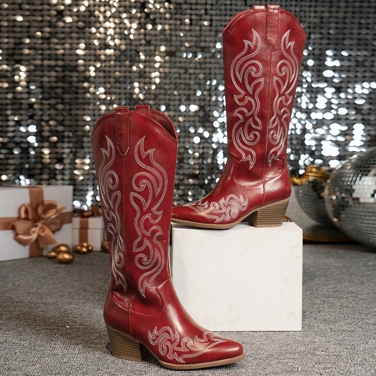 Womens Retro Western Embroidered Cowboy Boots Pointed Toe High Block Heel Faux Cover with Fabric Lining TPR Sole Zipper C 251013