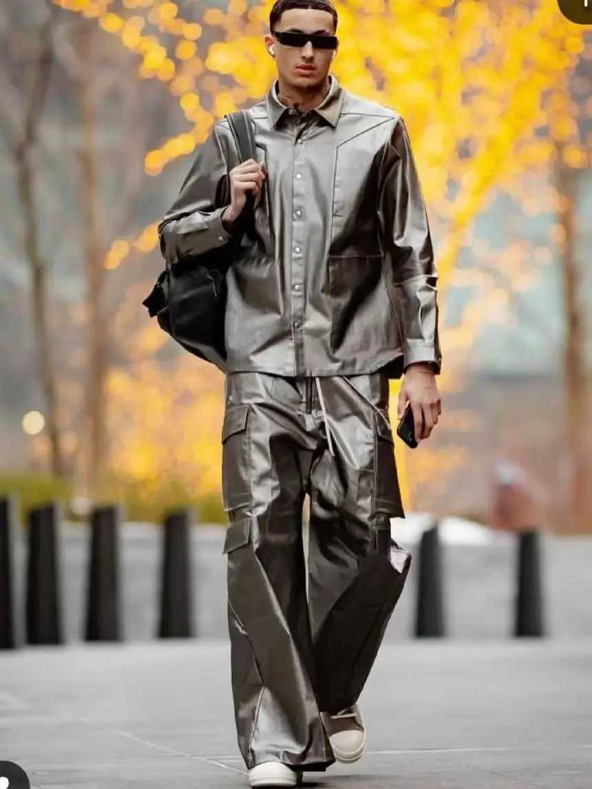 High Street Pants DK Dark Mens Workwear with Multiple Pockets Floor Length Casual Pants Copper Gray Glossy Wide Leg Pants J251203