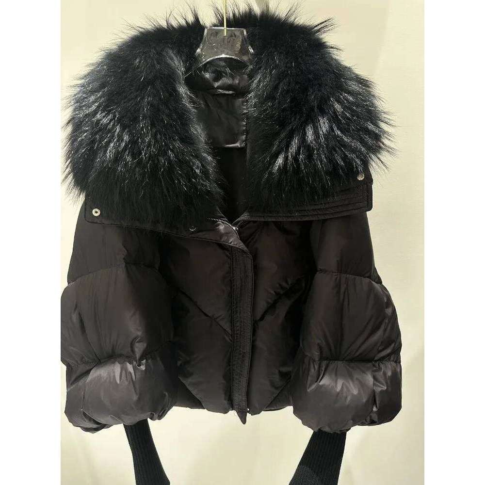 Loose New Fashion Thick Warm Clothes Women Big Real Raccoon Fur Collar Down Coat Female Knit Sleeve Fluffy Puffer Jacket