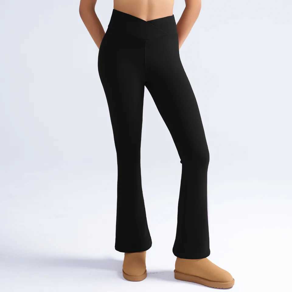 Women FallWinter VWaisted Fleece Keep Warm Tight Fitting Flared Pants Slim Leg Long Black LeggingsT251016