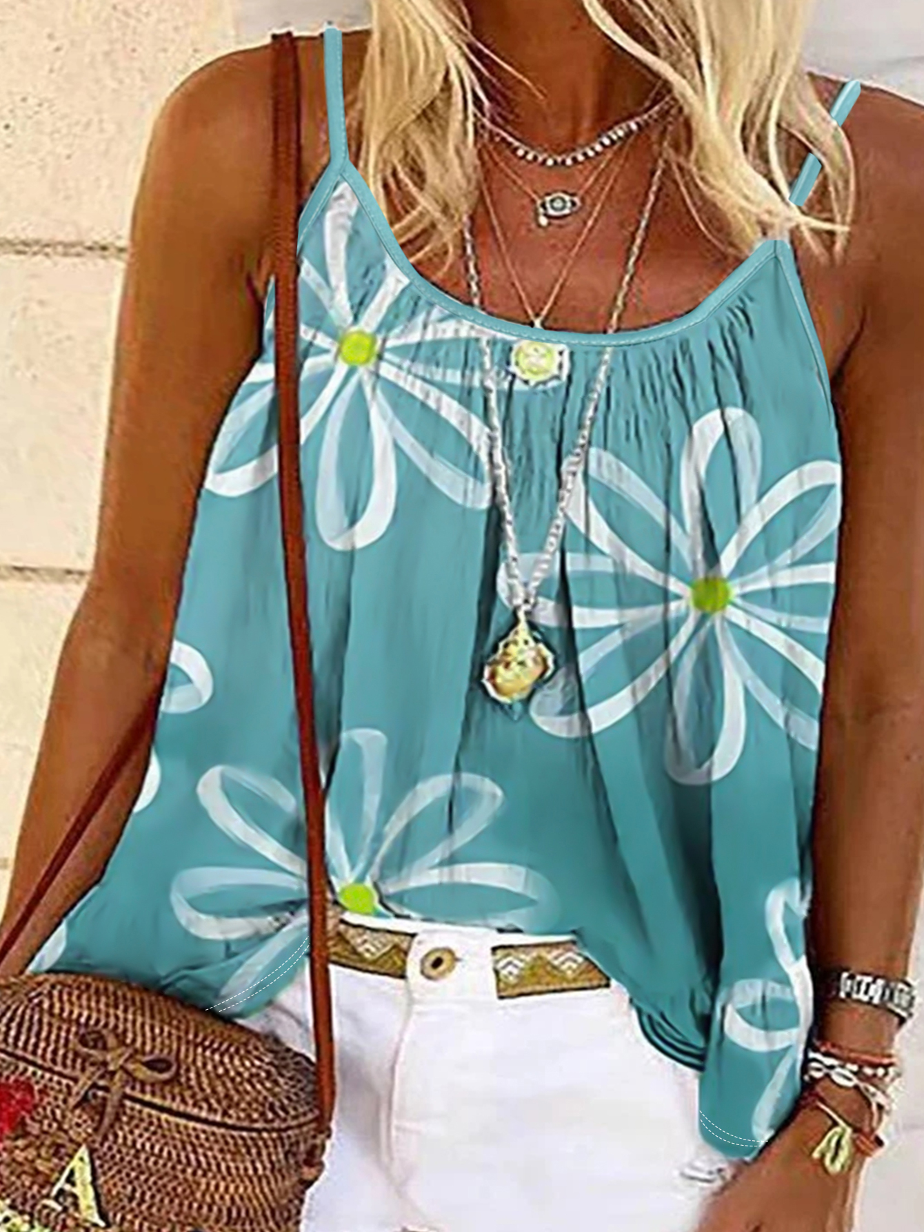 Women's Plus Size Summer Vacation Beach Floral Printed Spaghetti Strap Milk Silk Casual Top - Peacock Blue-YL25236