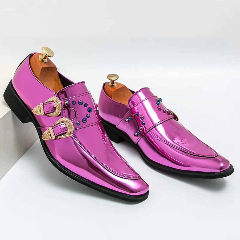 Pink Mens Patent Leather Shoes High Quality Pointed Chelsea Formal Shoes Man Dress Wedding Party Shoes Men 251010