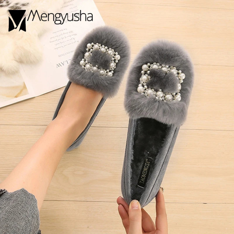 Real Rabbit Fur Shoes Woman Winter Plush Cotton Flats String Beaded Buckle Loafers Ladies Plus Size Moccasins Fleeces Snow Shoes 251013