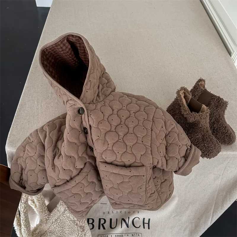 Boys Children Casual Dot Hooded Down Jacket Baby Warm Single Breasted Tops Girls Comfortable Plush Warm Outwear Kids Ribbed CoatT251016