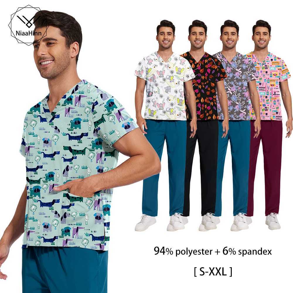 Niaahinn Surgical Uniforms Woman Unisex Printed Vneck Short Sleeved Top Solid Color Straight Pant Set Men Elastic Nurse Uniform X2510161
