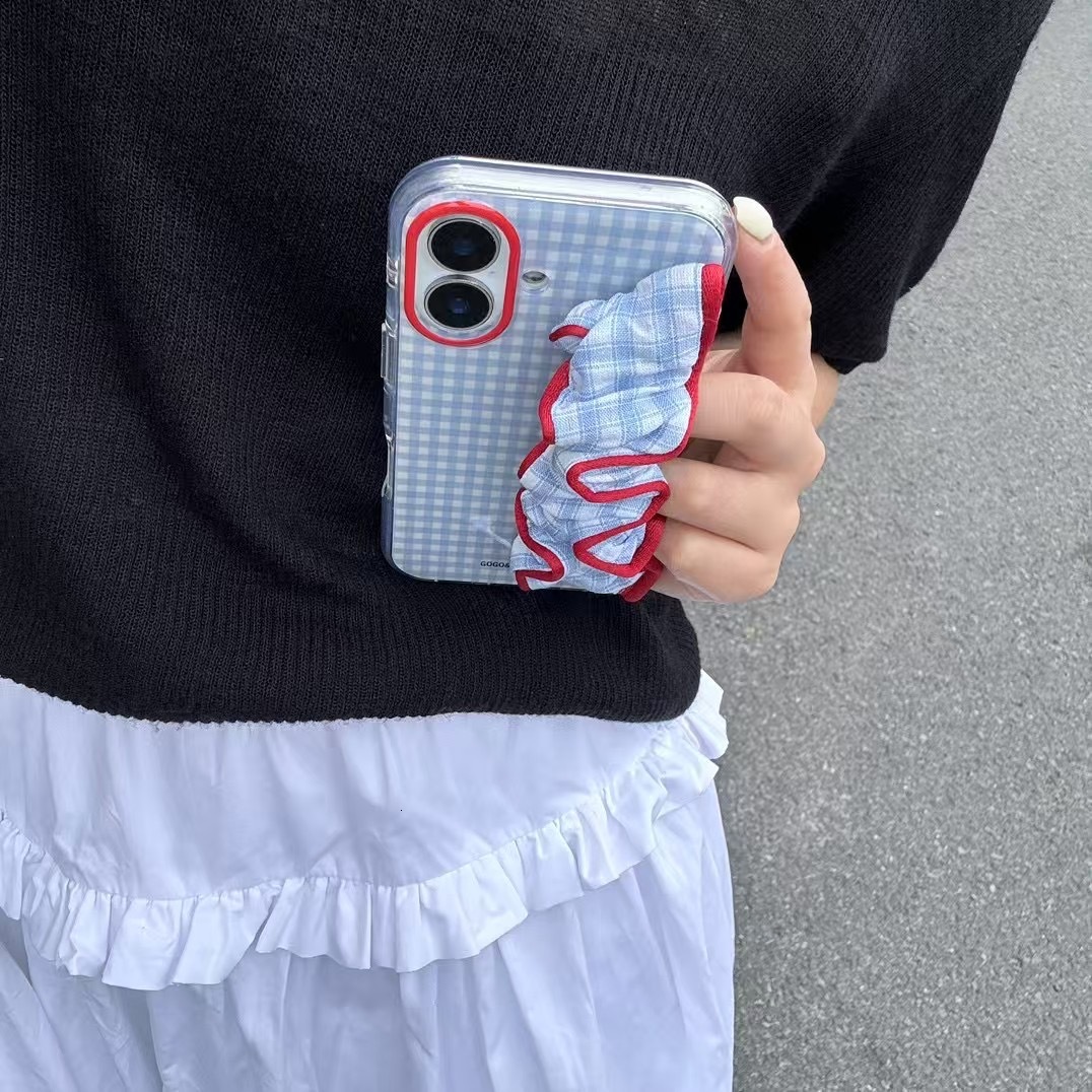 Version Red and Wristband Color-Block Blue Stripes Compatible with iPhone 17 Pro Case 15 Korean Style 14 Full Coverage Niche