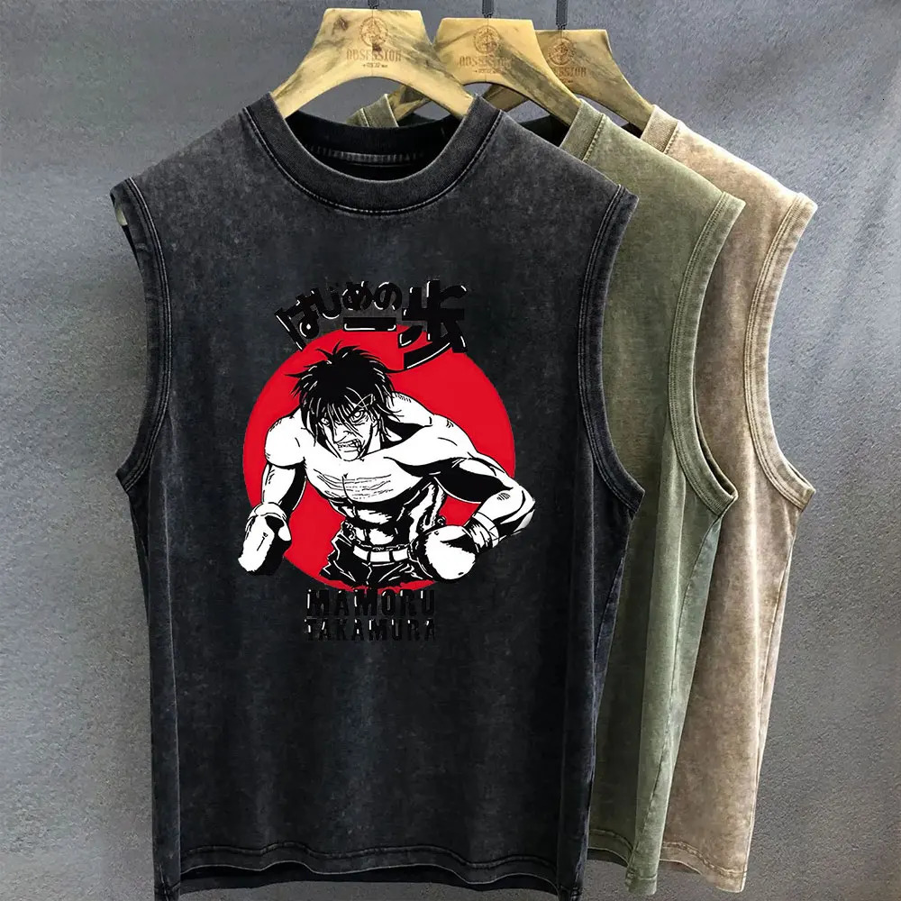 Mens Tank Top Anime Hajime No Ippo Graphic Tshirt Print Oversized Gym Clothing Vintage Wash Sleeveless Vest Womens Y2k Clothes 251015