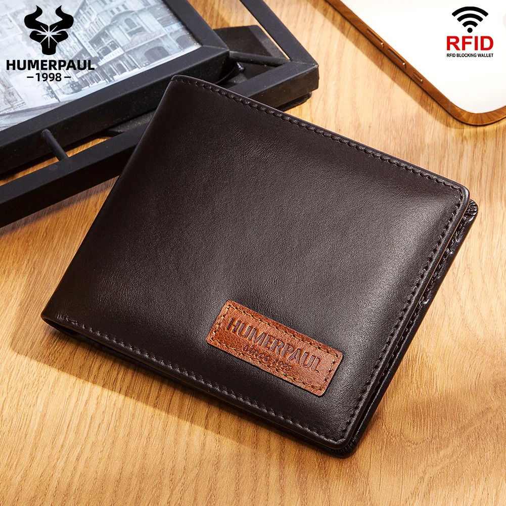 HUMERPAUL Airtag Wallet For Men Real Leather RFID Trifold Card Holder Case with ID Window Slim Antilost Purse251011