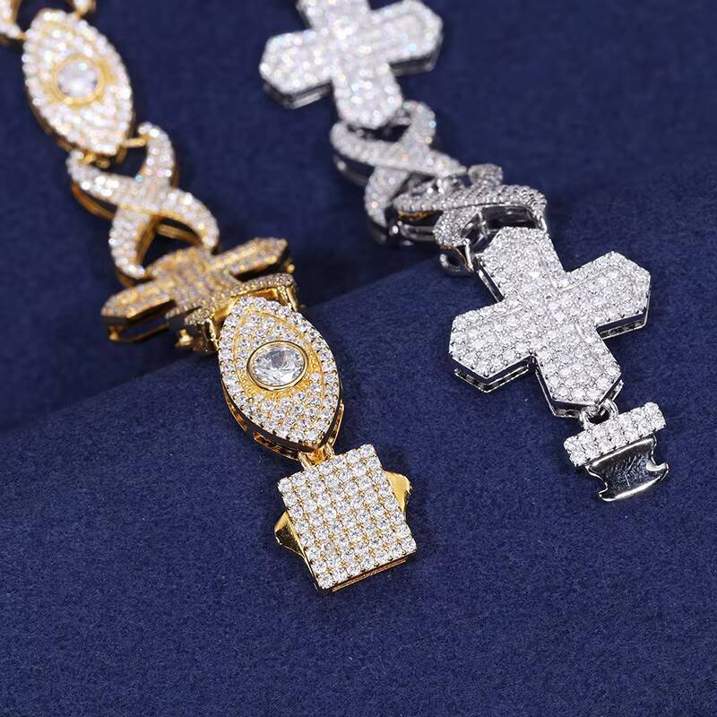 Hip Hop Jewelry Men White Gold Plated 12mm 925 Sterling Silver Paved Iced Out Moissanite Cross Evil Eye Cuban Link Chain