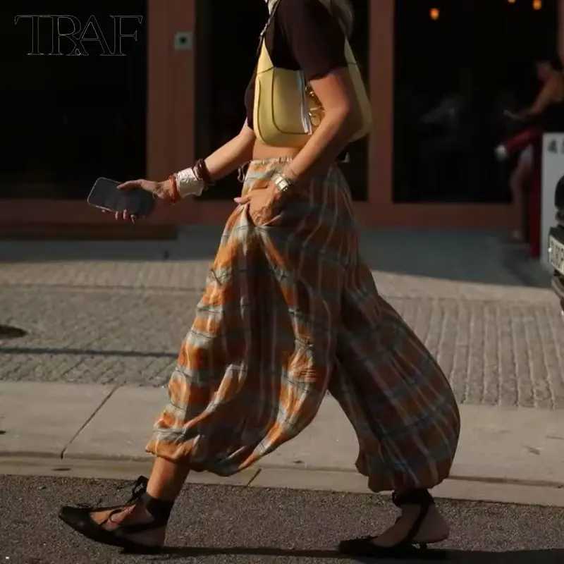 2025 Womens Pants Check Balloon Trousers for Woman MidRise Elasticated Drstring Waistband Loose Comfort Casual Pants W251015