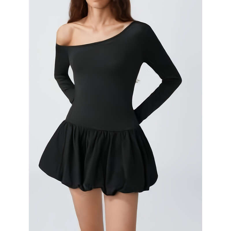 New Style Asymmetrical Long Sleeve Ruched Short Balloon Hem Slim Fit Dress 2025