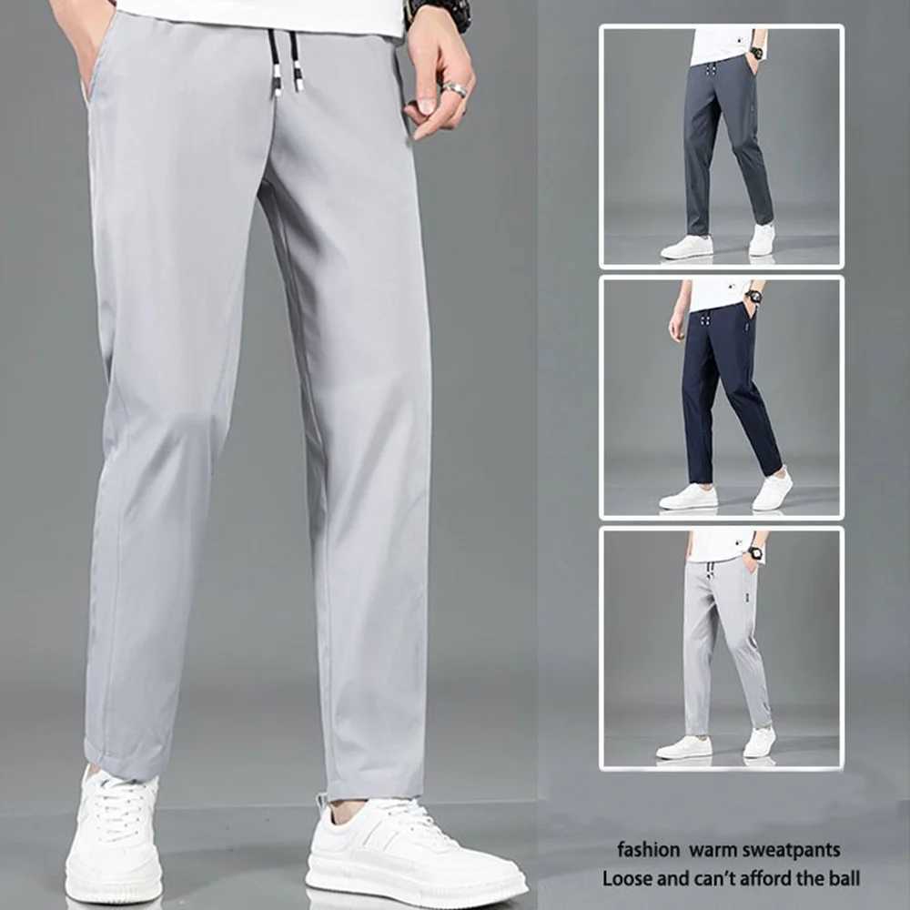 Summer Ice Silk Mens Pants Black Gray Thin Business Casual Pants Plus Size Outdoor Elastic Breathable Straight Leg Sweatpants J251203