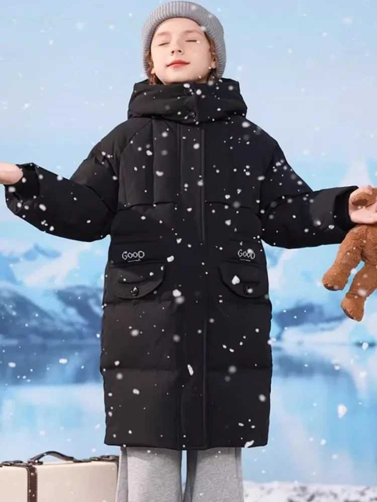 HighEnd Childrens Fashion Long Hooded Down Coat Winter New Girls Windproof Warm Loose Down Jacket A4161T251016