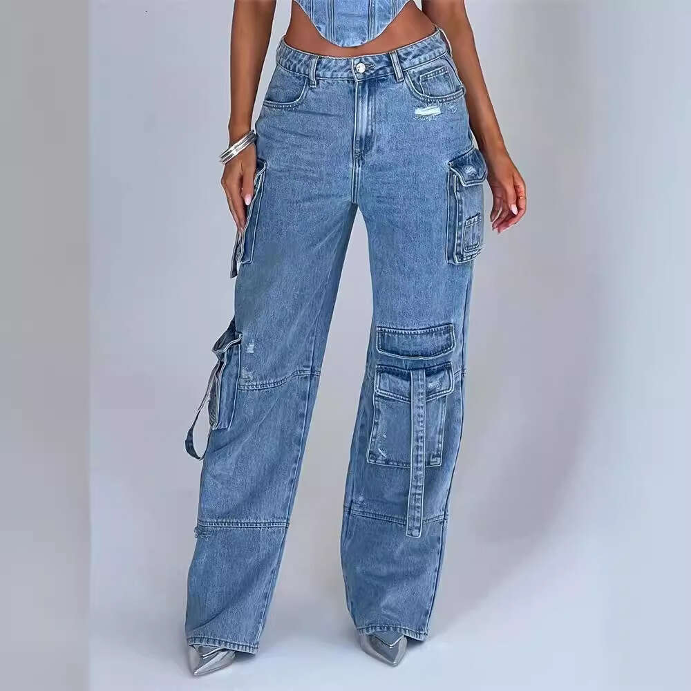 Long Hot Girl Straight-Leg Multi-Pocket Denim Cargo Women, Ins Style Versatile Loose Casual Pants For Women B5