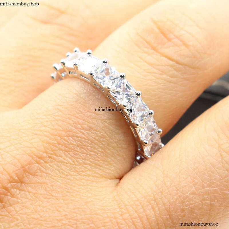 Rulalei Brand Stunning Jewelry Sterling Sier Princess Cut Full White Topaz CZ Dia Gemstones Women Wedding Finger Ring Gift