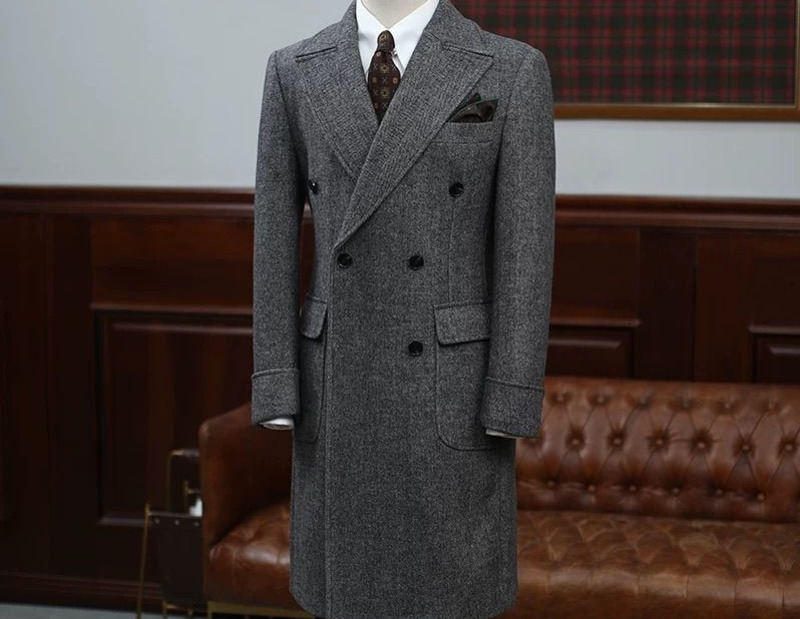 British Style Coat Autumn Winter Jacket Herringbone Pattern New Mens Slim Fit Trench Coat MidLength Woolen Coat Double Breasted 241228Z