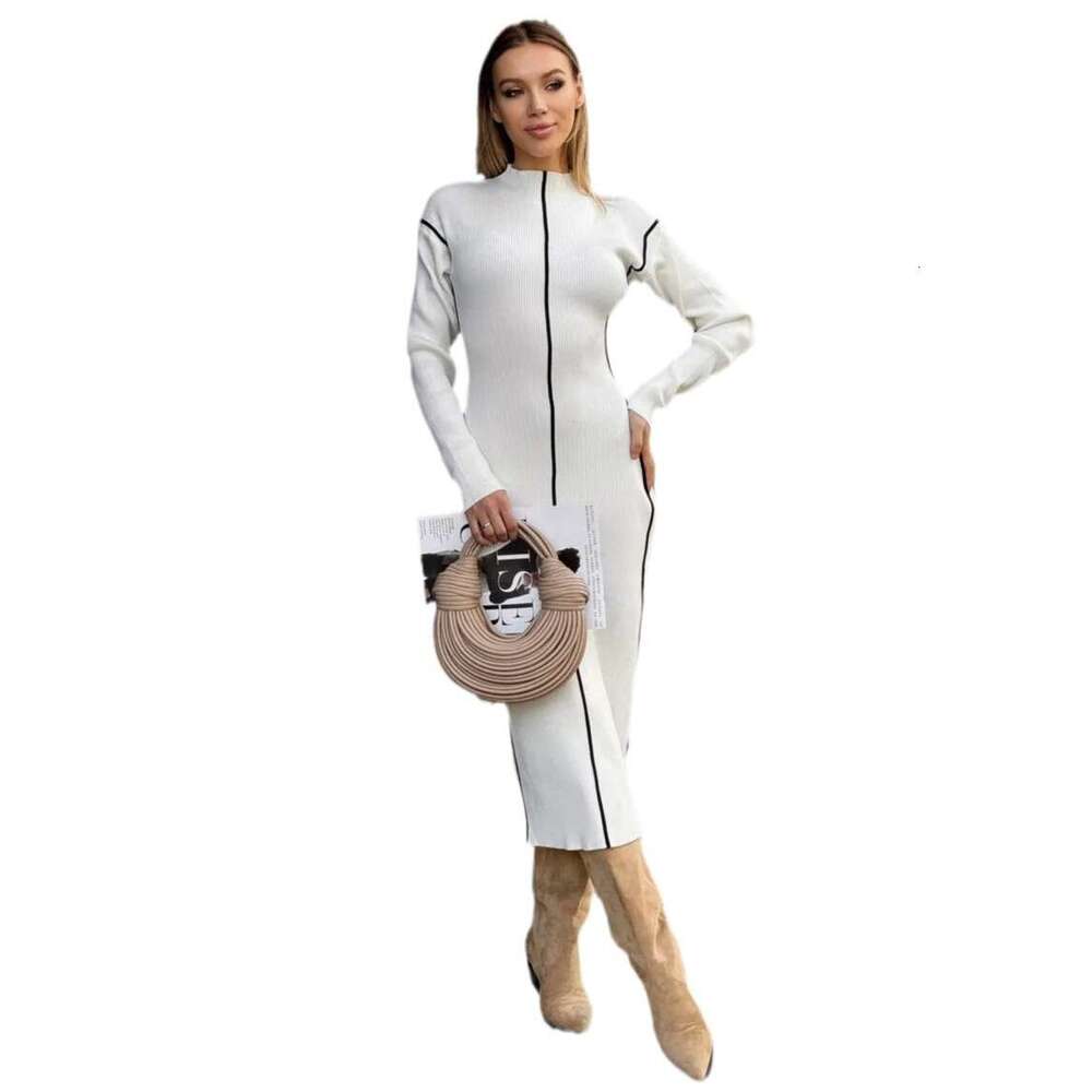 French Style Lazy Half High Collar Striped Color Block Slim Fit For Women High-End Mid-Length Bodycon Dress Autumn B5