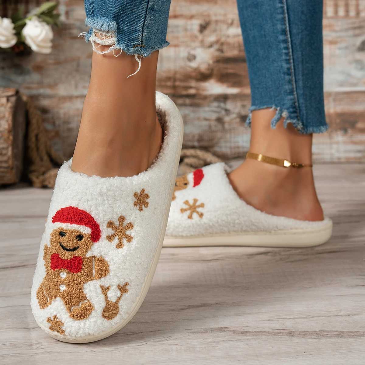 Christmas Winter Indoor Leisure Warm Slippers Embroidery Gingerbread Man Carto Pattern Women Comfy Soft Sole Home Fuzzy ShoesXJ251016